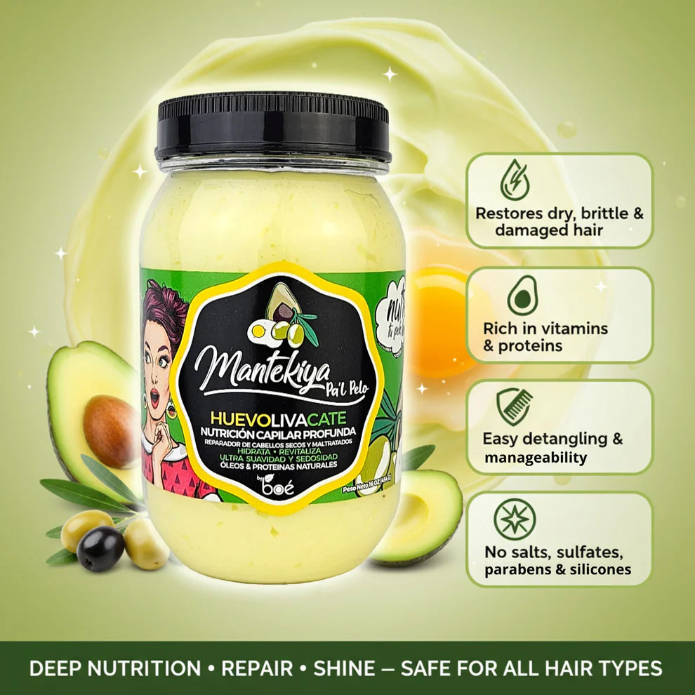 Boé Mantekiya Pal Pelo Huevoliviacate Hair Butter 16 oz - Deep Nutrition for Dry & Damaged Hair